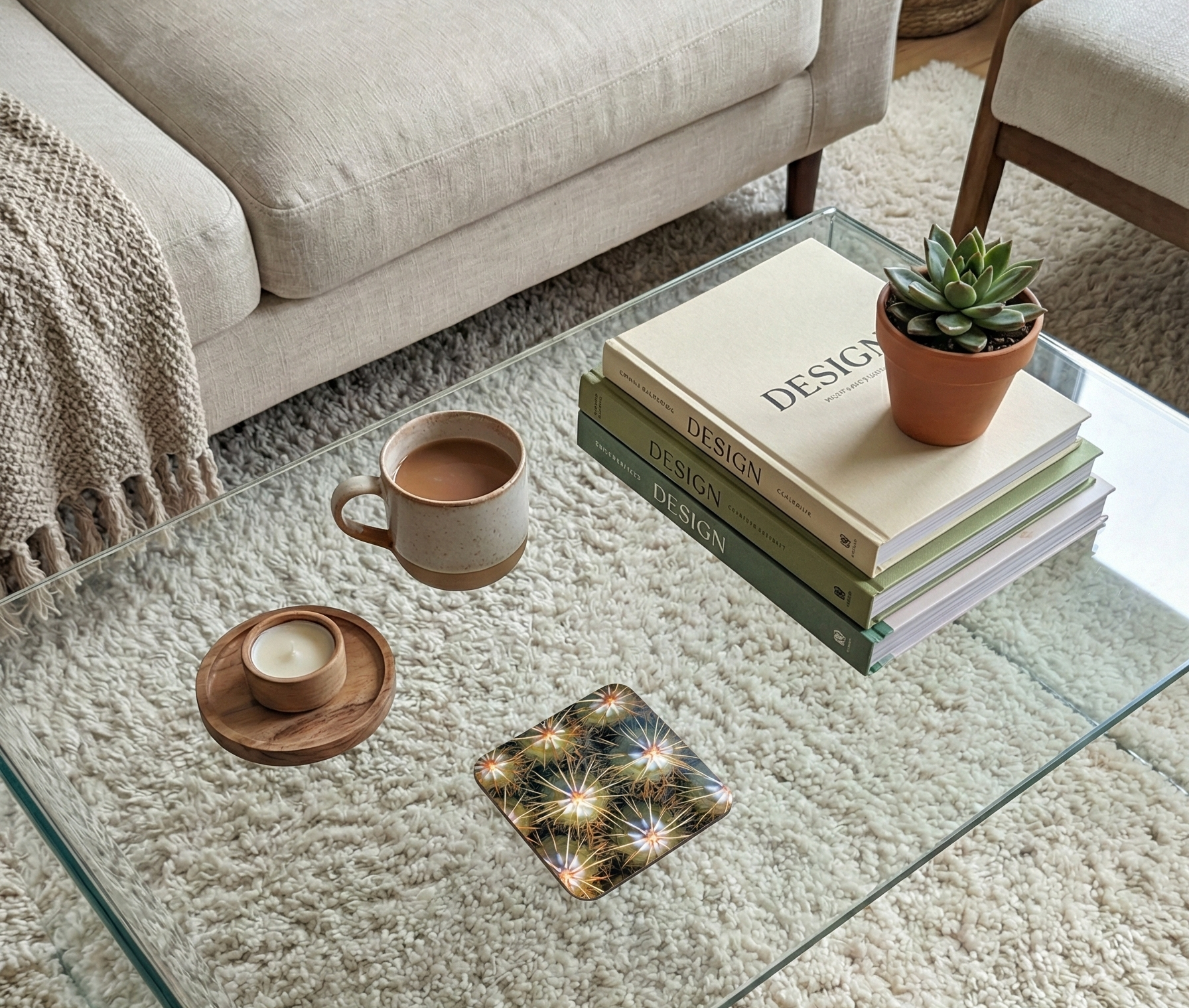 A square coaster with a bright, spiky golden-yellow cactus pattern sits beside a speckled cream mug and stacked green books.