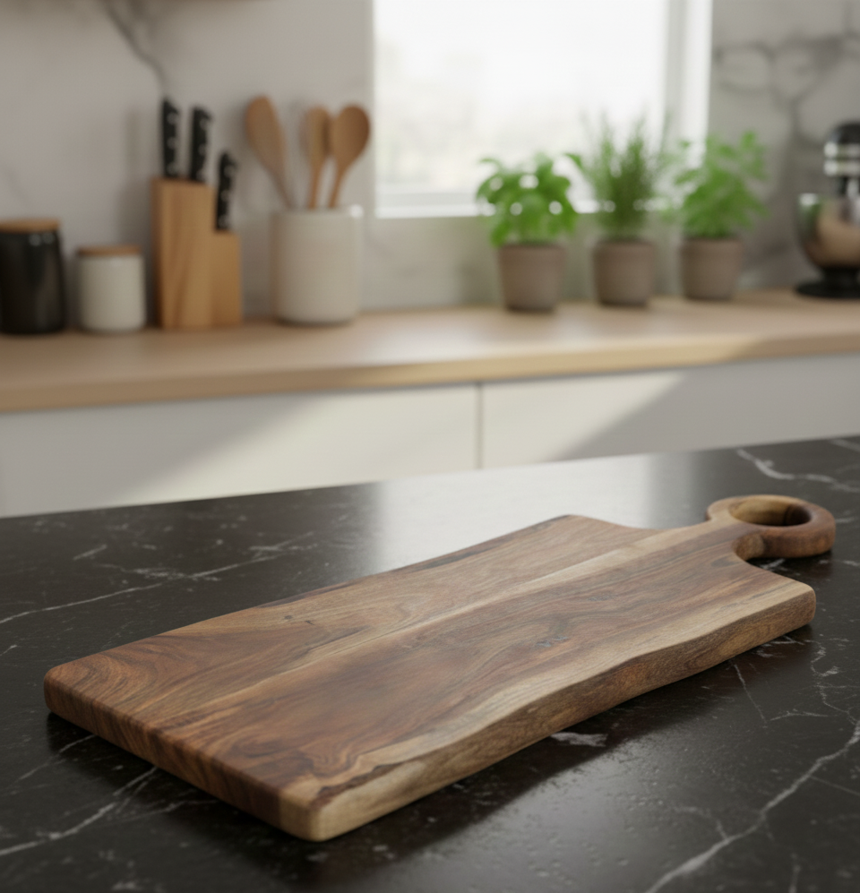 65cm long handcrafted Acacia wood charcuterie board with a circular handle, displayed on a dark marble kitchen countertop in a bright, modern kitchen setting.