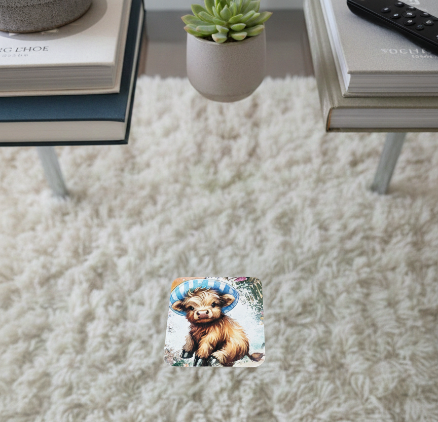 Coaster with a baby cow in a striped hat on a glass table, framed by books and a small plant over a white shaggy rug.