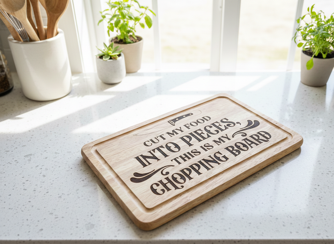 A light wood chopping board with bold black printed text sits on a speckled white quartz countertop in bright sunlight.