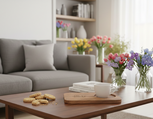 Close up of dark wood table displaying a white cup, stack of books, and beige biscuits. Vases of colourful tulips frame the scene.