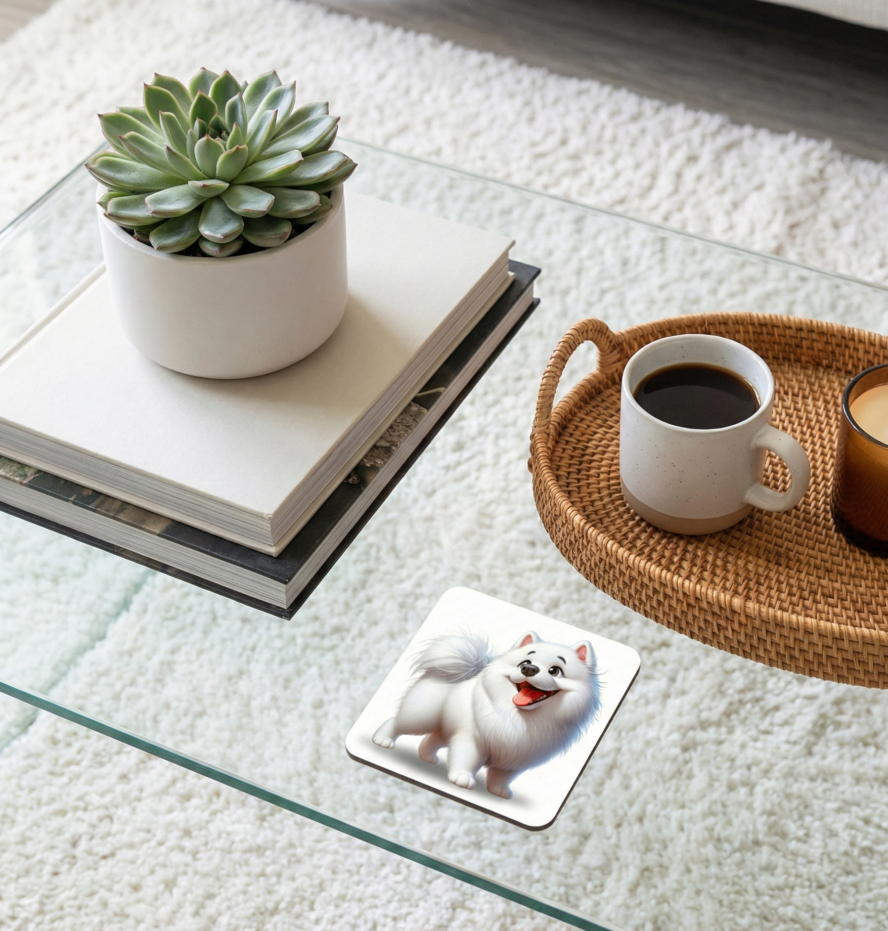 Fluffy white Samoyed dog coaster on a glass table. A white ceramic plant pot and coffee cup sit on a cream rug.