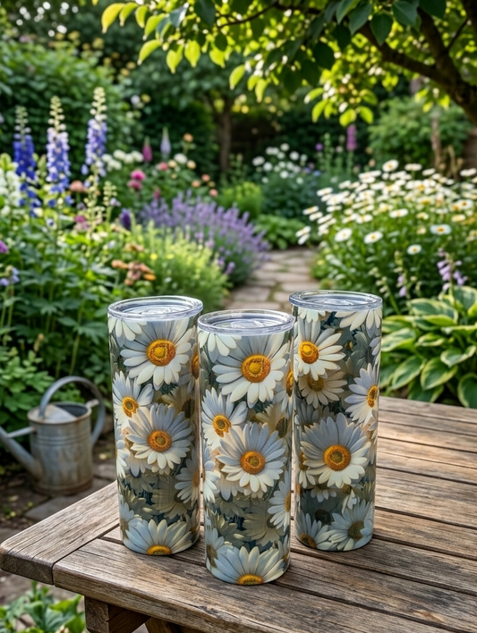 Three tall tumblers with grey and white daisy patterns sit on a wooden table in a lush, colourful garden.