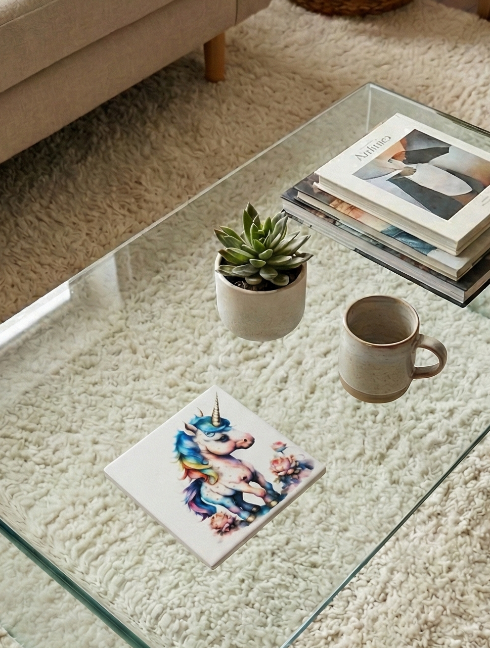 Vivid watercolour unicorn coaster on a clear glass table, contrasting with the neutral tones of the succulent, mug, and shaggy rug.