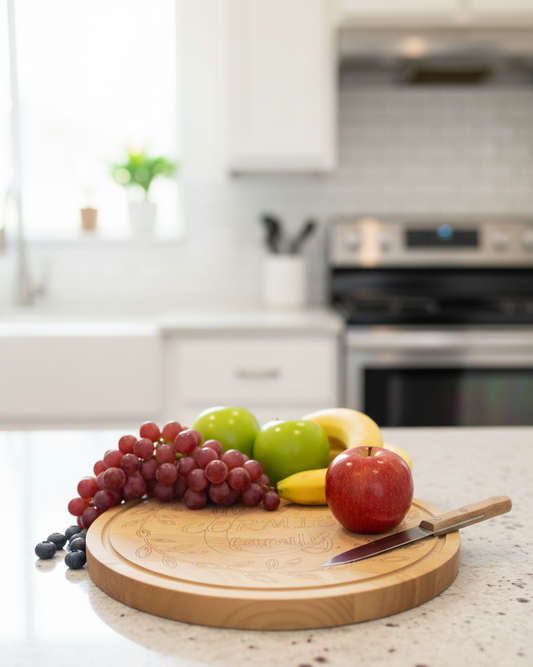 Round, engraved light wood cutting board topped with red grapes, green/red apples, and bananas on a bright white countertop.