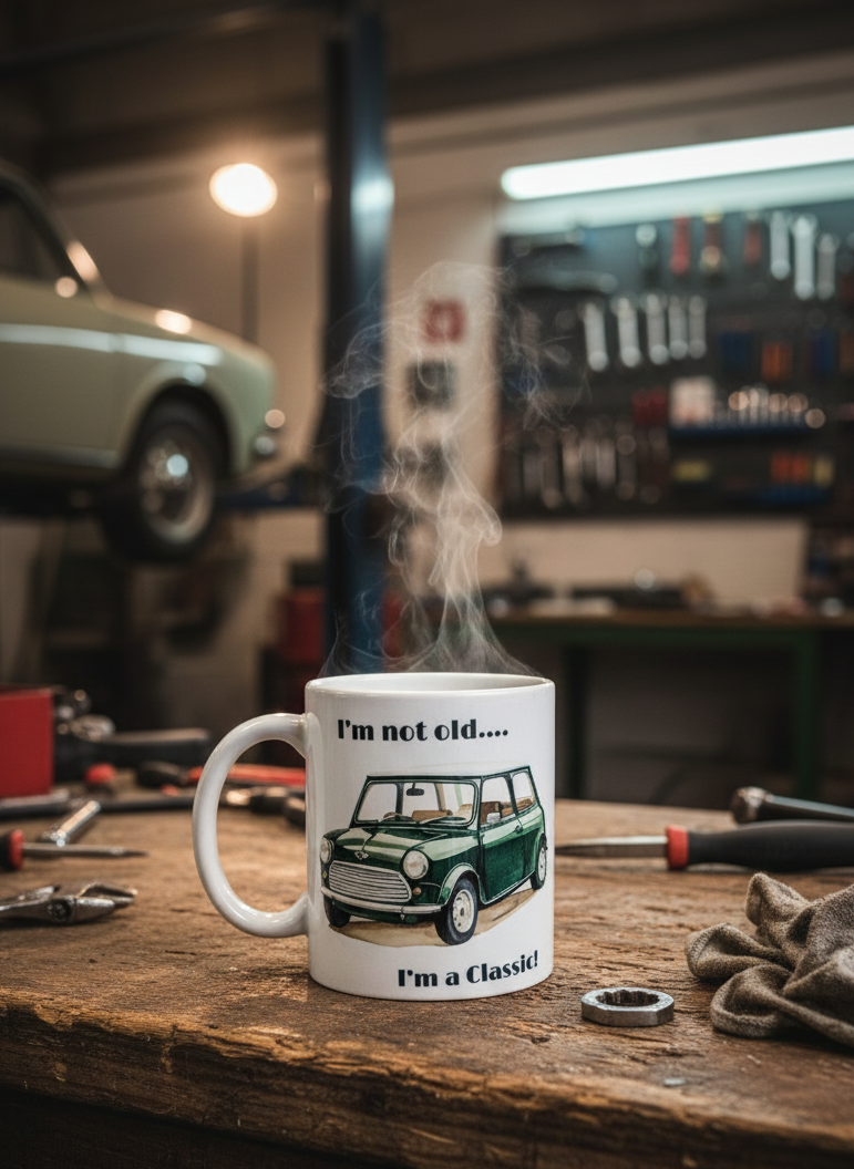 The mug features an illustration of a vintage British Racing Green car and the playful text, "I'm not old.... I'm a Classic!"