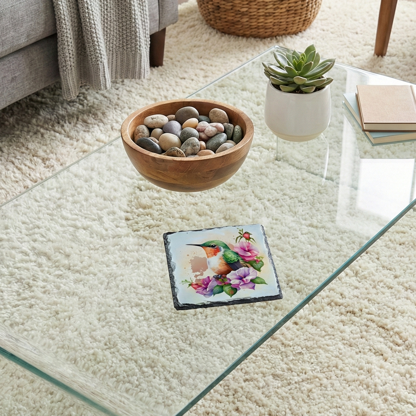 A square slate coaster featuring a green hummingbird and pink flowers rests on a clear glass surface. Note the rough, dark slate texture.