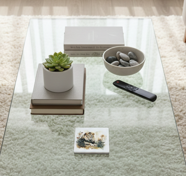 Lion coaster on a glass table with a remote, bowl of smooth stones, and a green succulent on a stack of grey books.