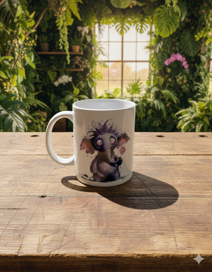 White ceramic mug with scruffy elephant cartoon print on rough wooden table, set in a bright, lush green conservatory.