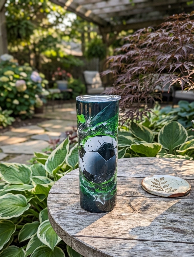 A tall football-themed tumbler with green and black splashes sits on a round wooden table among large green hosta leaves.
