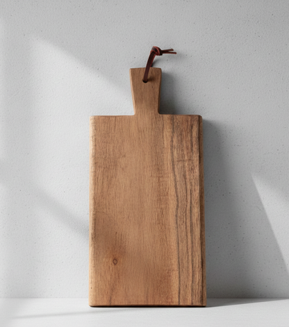 Plain rectangular wooden board with visible vertical grain, hanging from a leather loop. Textured light Grey background with harsh shadows.