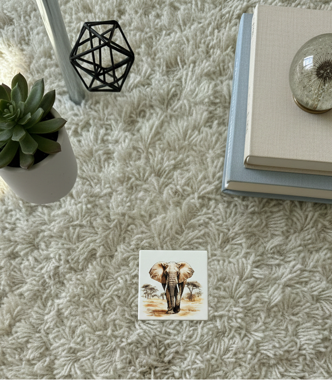 Square elephant coaster on a thick cream rug, flanked by a green succulent, black wire decor, and a stack of books.