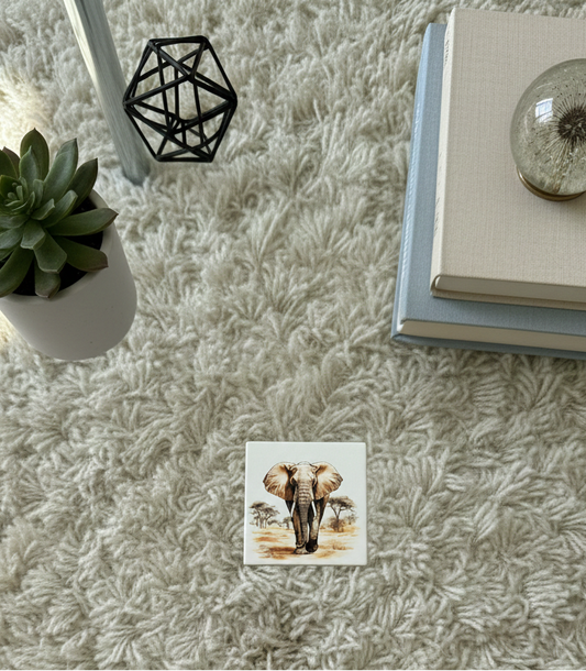 Square elephant coaster on a thick cream rug, flanked by a green succulent, black wire decor, and a stack of books.