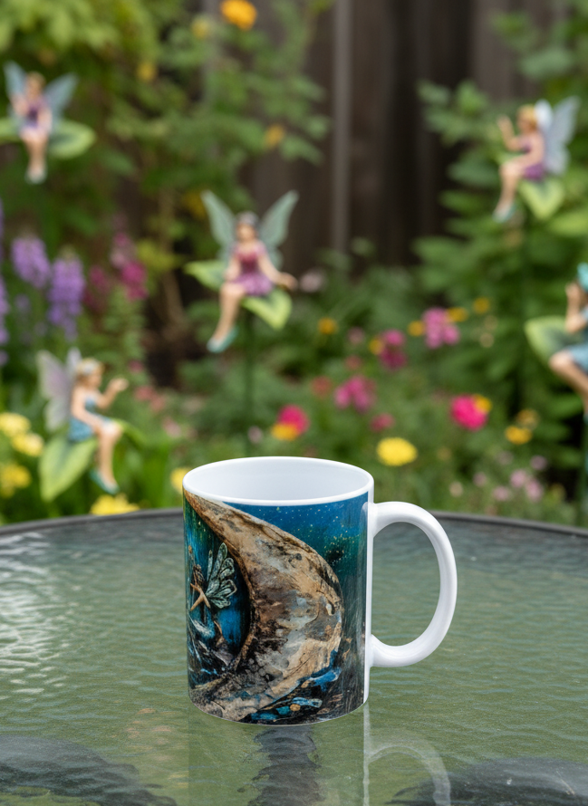 White mug with a detailed illustration of a weathered crescent moon and tiny fairy figures against a starry blue sky.