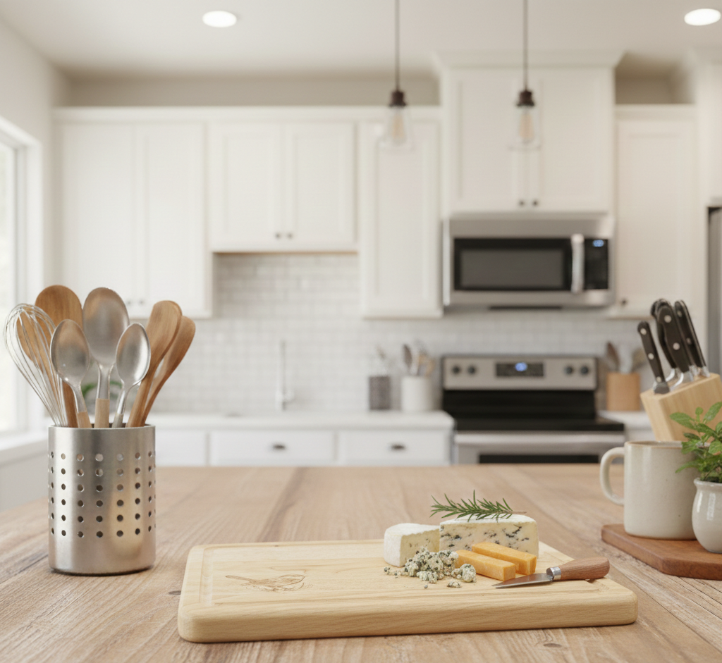 Wooden counter top with a light wood cutting board holding white, blue, and orange cheeses, and rosemary. Steel utensils.