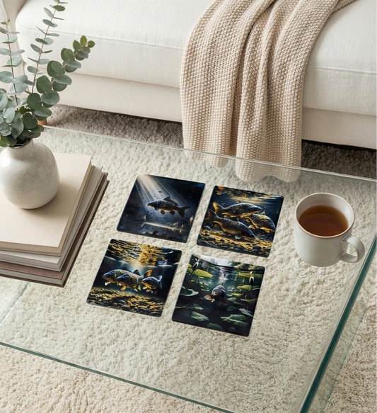 Four dark square coasters displaying vibrant underwater scenes of carp on a clear glass table. Light beige textures dominate the room.