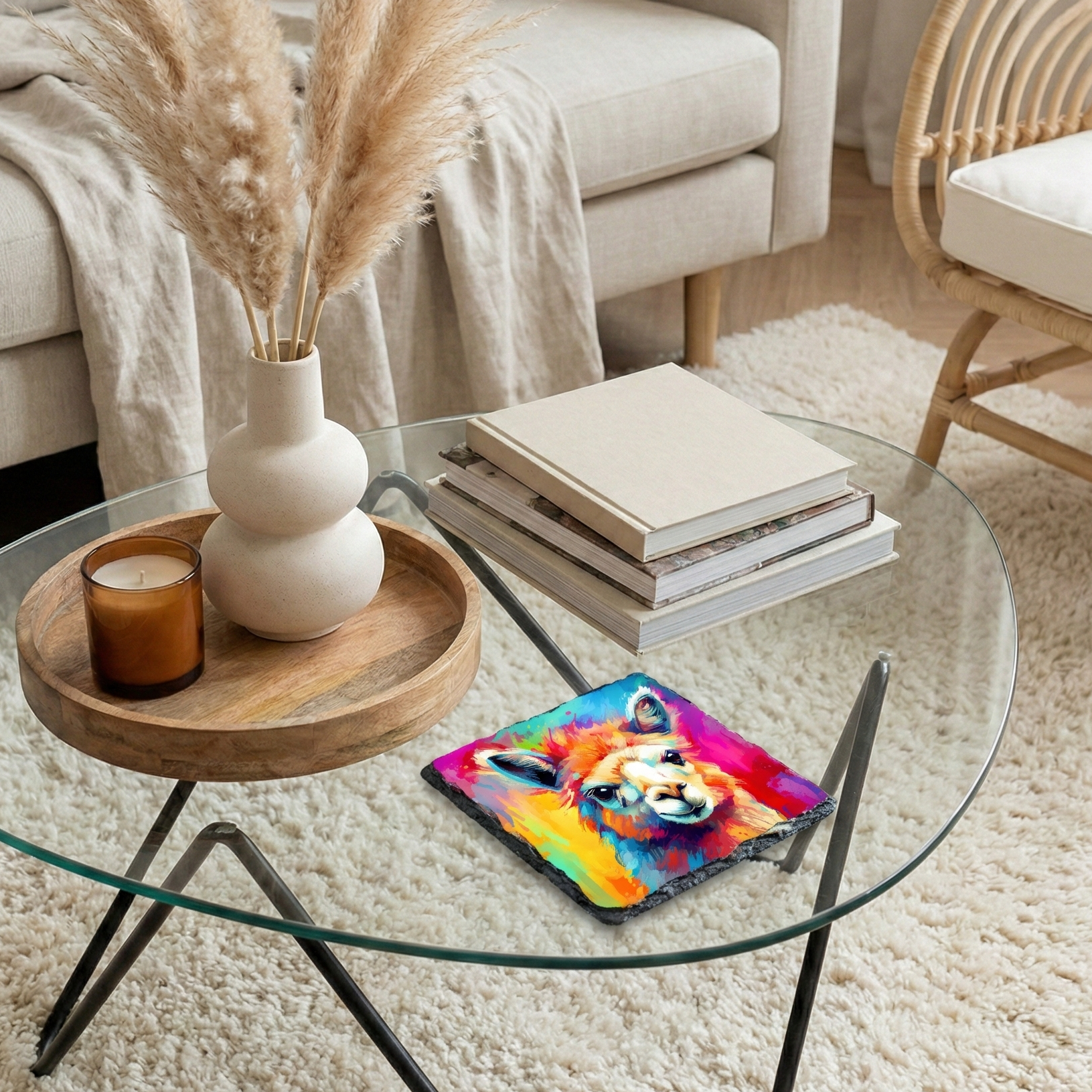 A square slate coaster displaying a vibrant, colourful, abstract painting of an alpaca, set on a round glass coffee table.