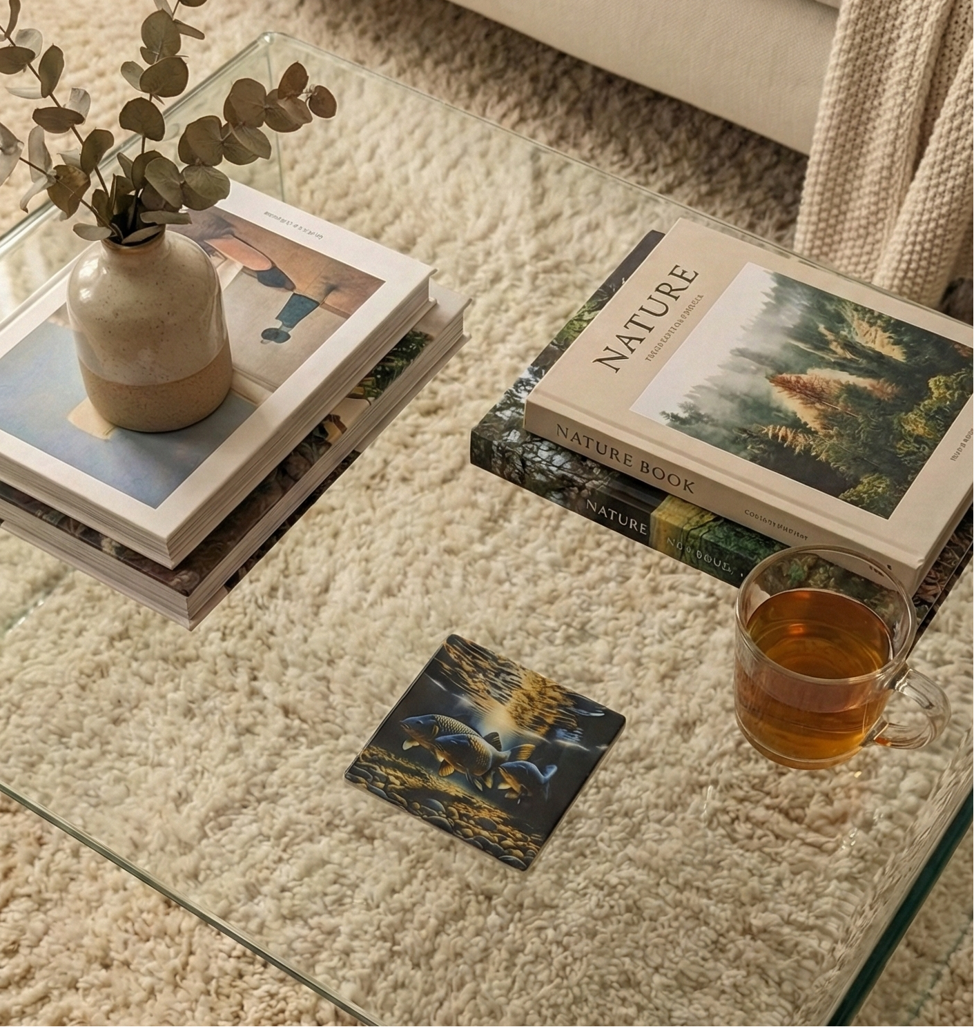 A square coaster features two carp swimming closely in moody, reflective water. The scene is set atop a clear glass table and beige rug.