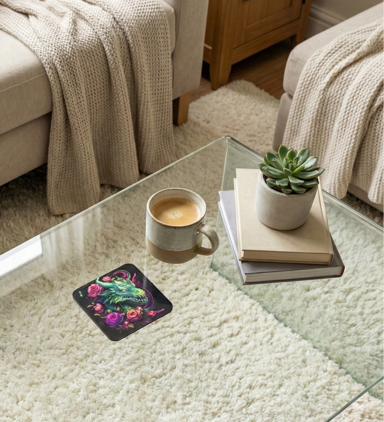 Square black coaster with a luminous green dragon head surrounded by magenta roses on a glass table next to a coffee mug.