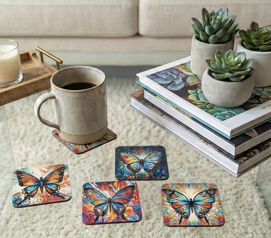 Four square, vibrant butterfly coasters displayed on a glass table with potted succulents and a beige coffee mug.