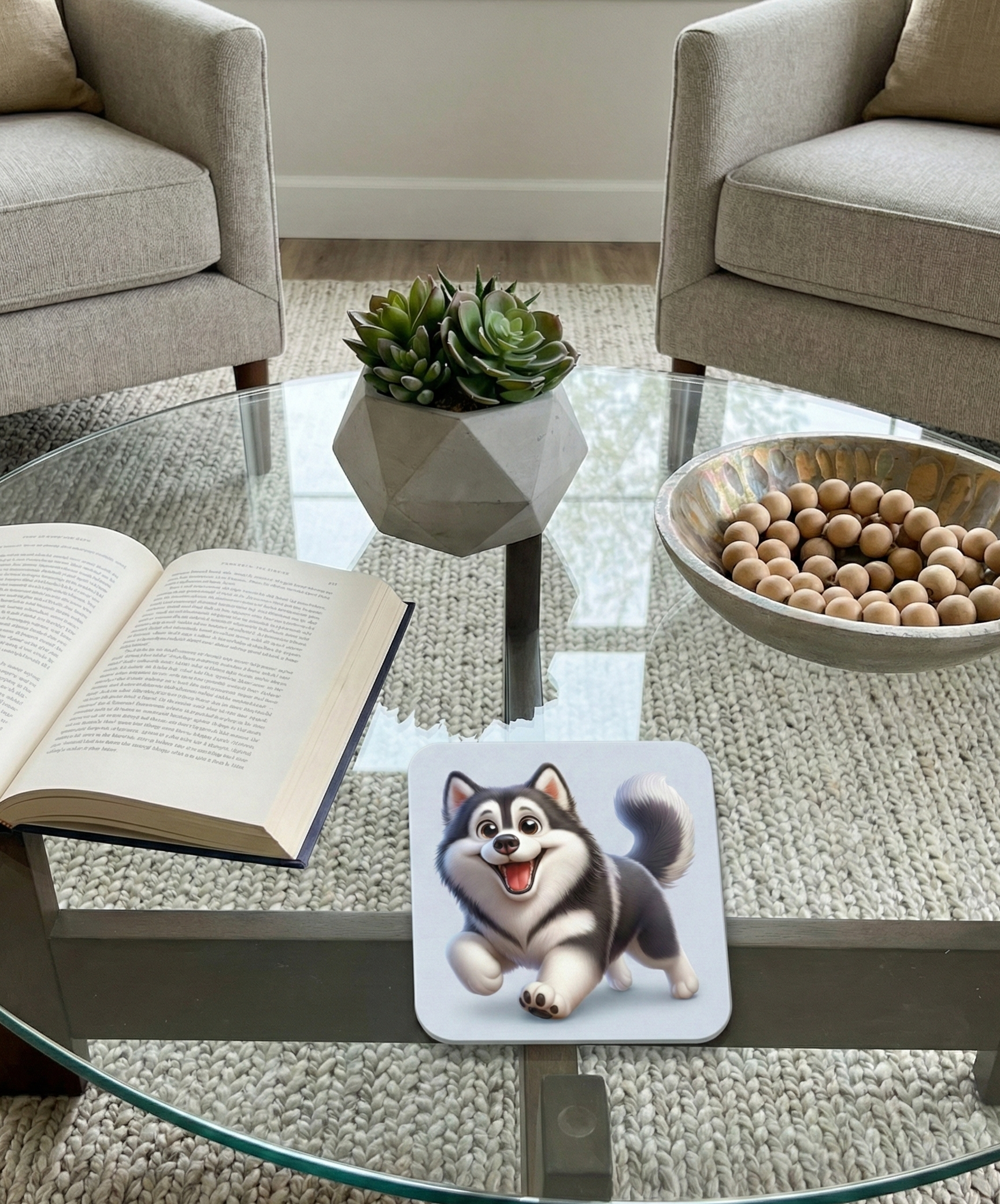 Cute black and grey Husky puppy dog coaster on a glass coffee table in a modern, light-filled living room.