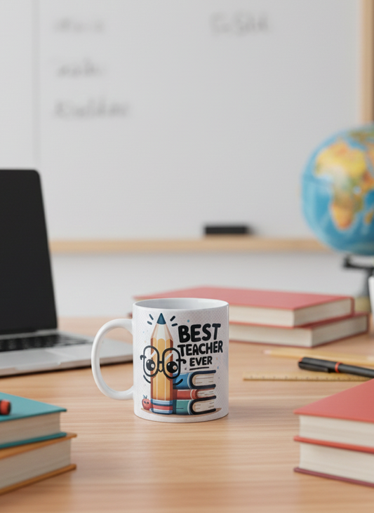 A white ceramic mug printed with a cartoon pencil and colourful books sits on a wooden desk in a classroom setting.