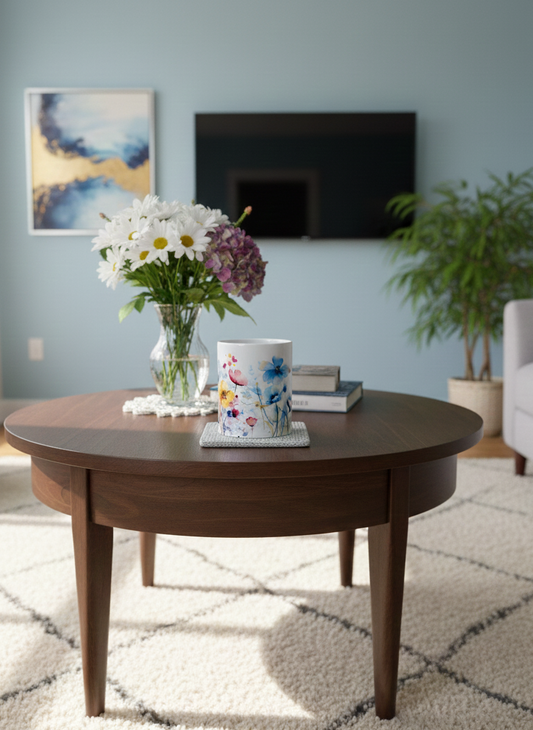 Floral white mug on a dark round wooden table over a fluffy white shag rug. Pale blue walls.