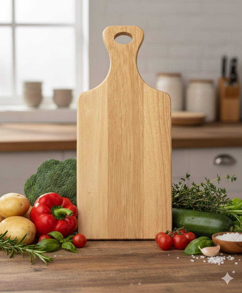 Tall, smooth, light wood chopping board stands vertically amidst colourful fresh vegetables like red pepper and broccoli.