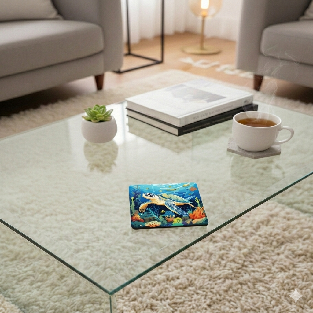 Square coaster showing a green sea turtle swimming over a colourful coral reef, on a glass coffee table.