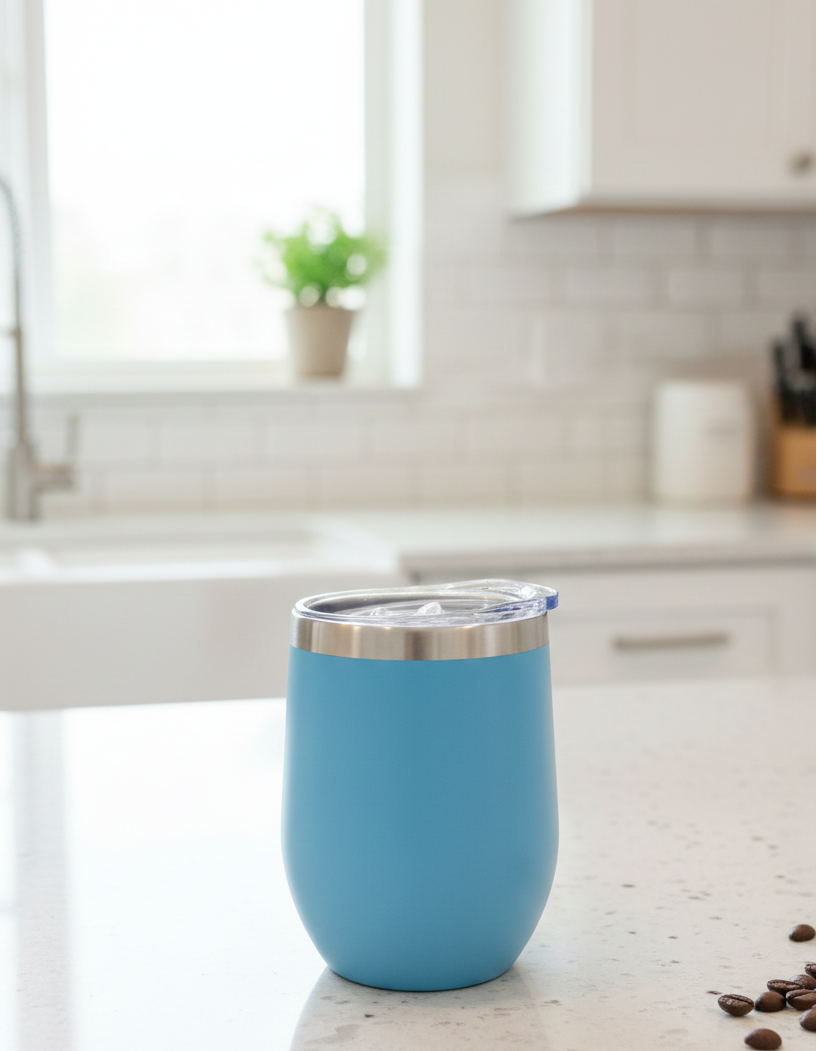 Light azure blue, matte tumbler on a glossy white kitchen countertop. Stainless steel rim and blurred white tiled background.
