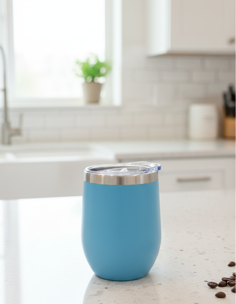 A matte light blue insulated tumbler sits on a white speckled countertop. A bright kitchen with white tiles is the backdrop.