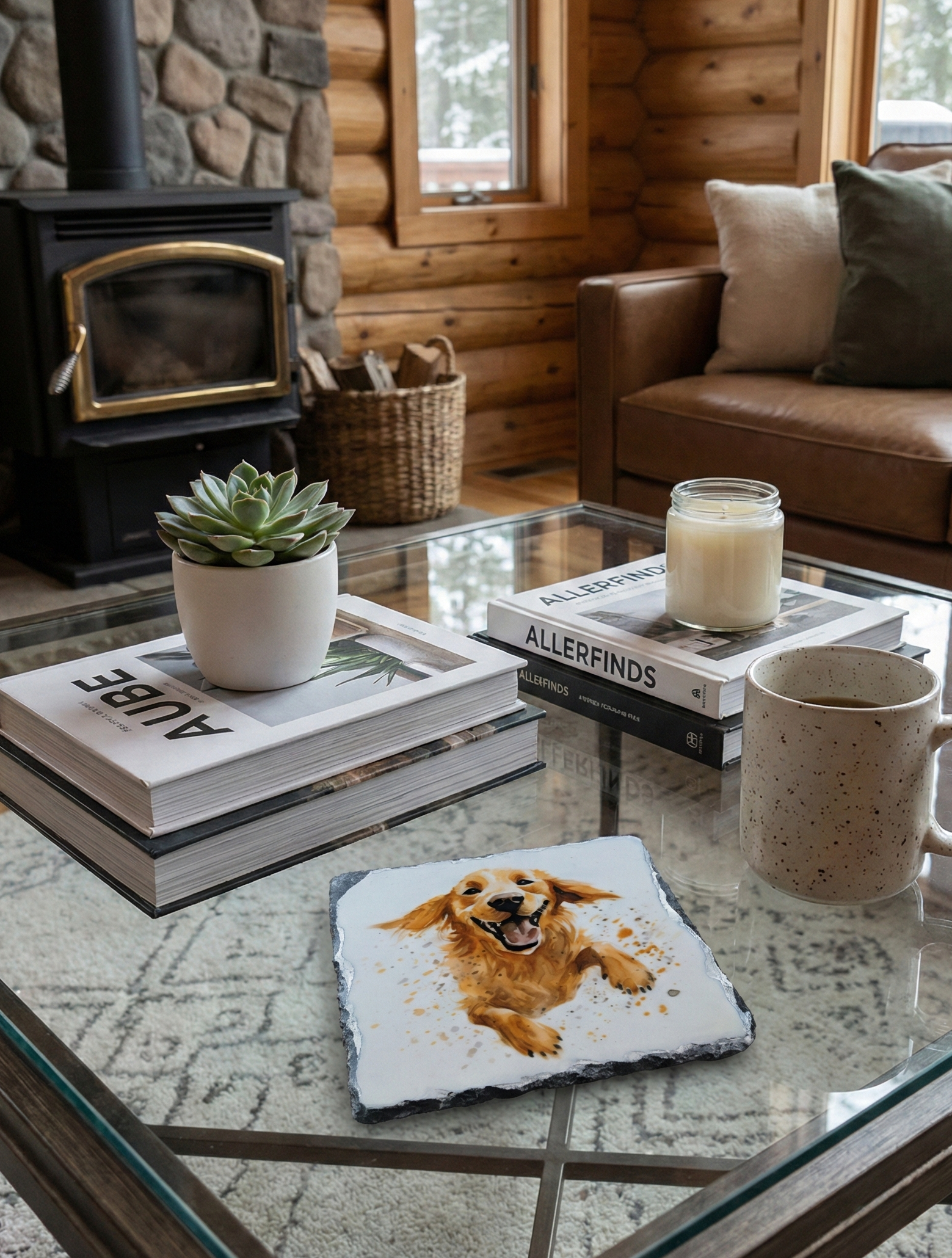 Slate coaster showing a leaping Golden Retriever, on a glass table inside a warm log cabin interior.
