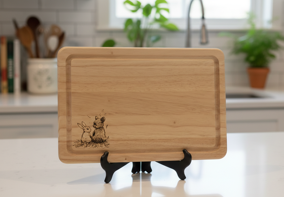 Light brown wooden chopping board featuring an engraved rabbit and bear illustration, set on a white marble worktop in a bright kitchen.