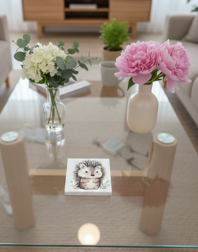 A white square coaster on a glass table with a forward-facing hedgehog illustration featuring pink rosy cheeks.