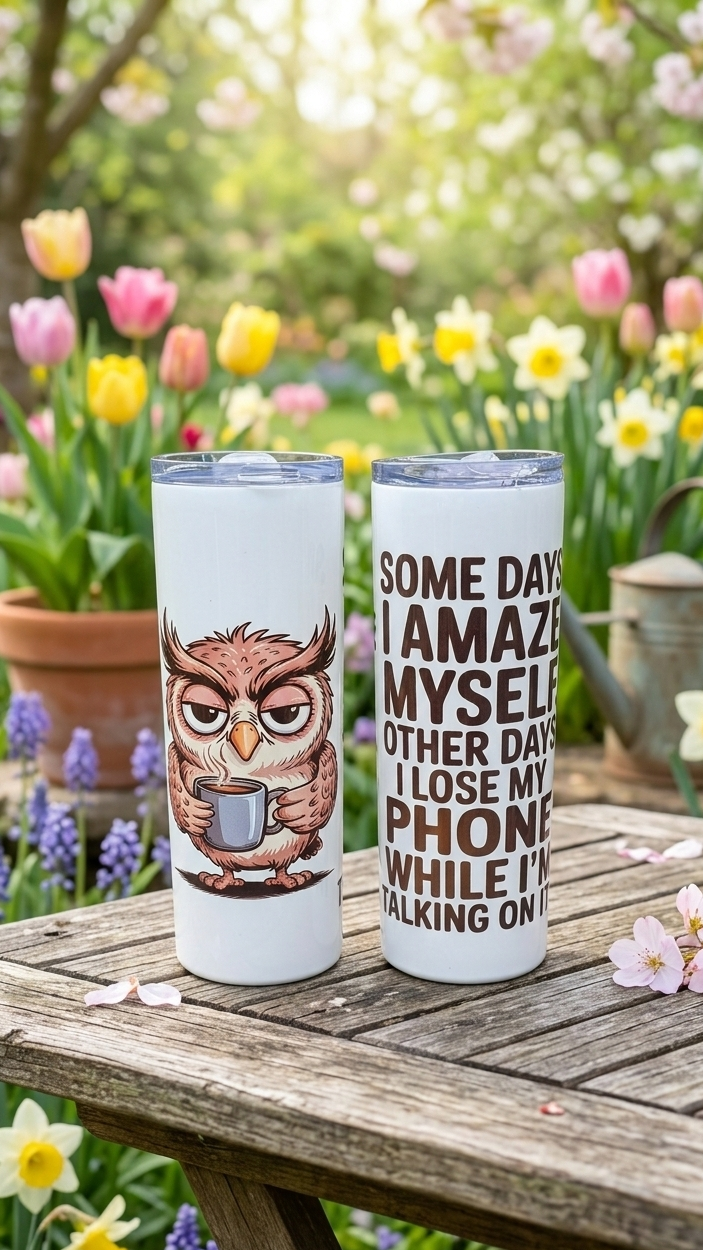 Two white tumblers on a weathered wooden table. One shows a brown owl; the other, brown text. Background of colourful blooms.