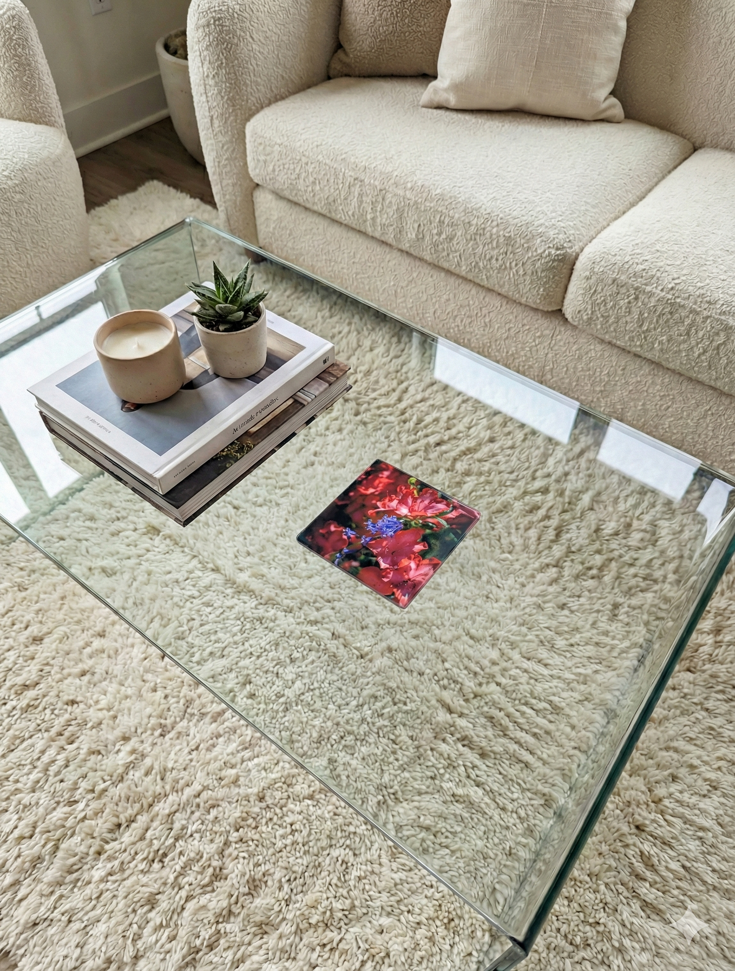 Glass table featuring a red and blue floral coaster, books and a succulent on a plush cream-coloured rug.