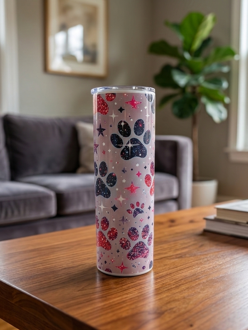 A tall pink tumbler with multicoloured glittery paw prints and stars on a wooden table in a lounge setting.