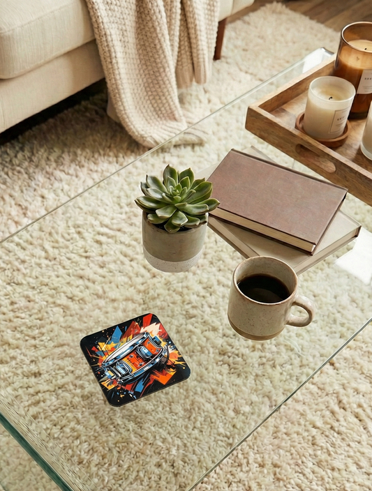 Clear glass table over a cream shaggy rug. Potted succulent, coffee mug, and a square coaster featuring an abstract, colourful car.