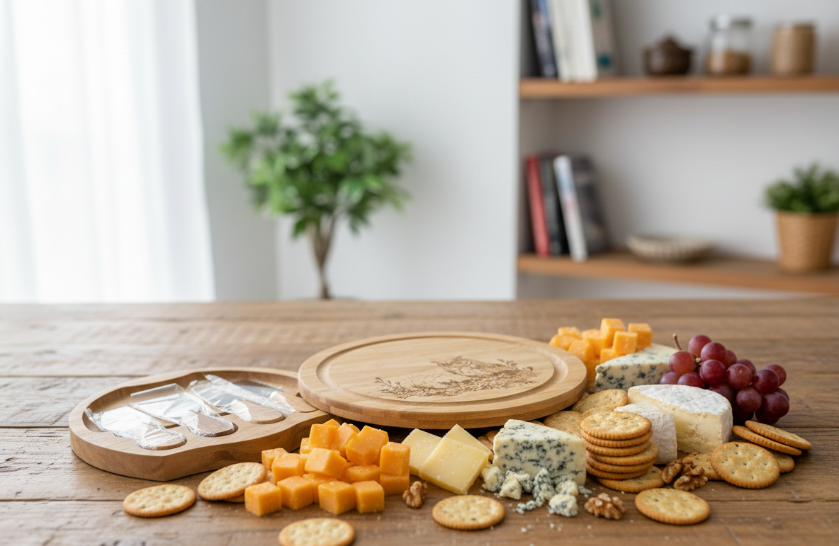 A round, engraved wooden serving board surrounded by cubes of cheddar, blue cheese, crackers, grapes, and walnuts.
