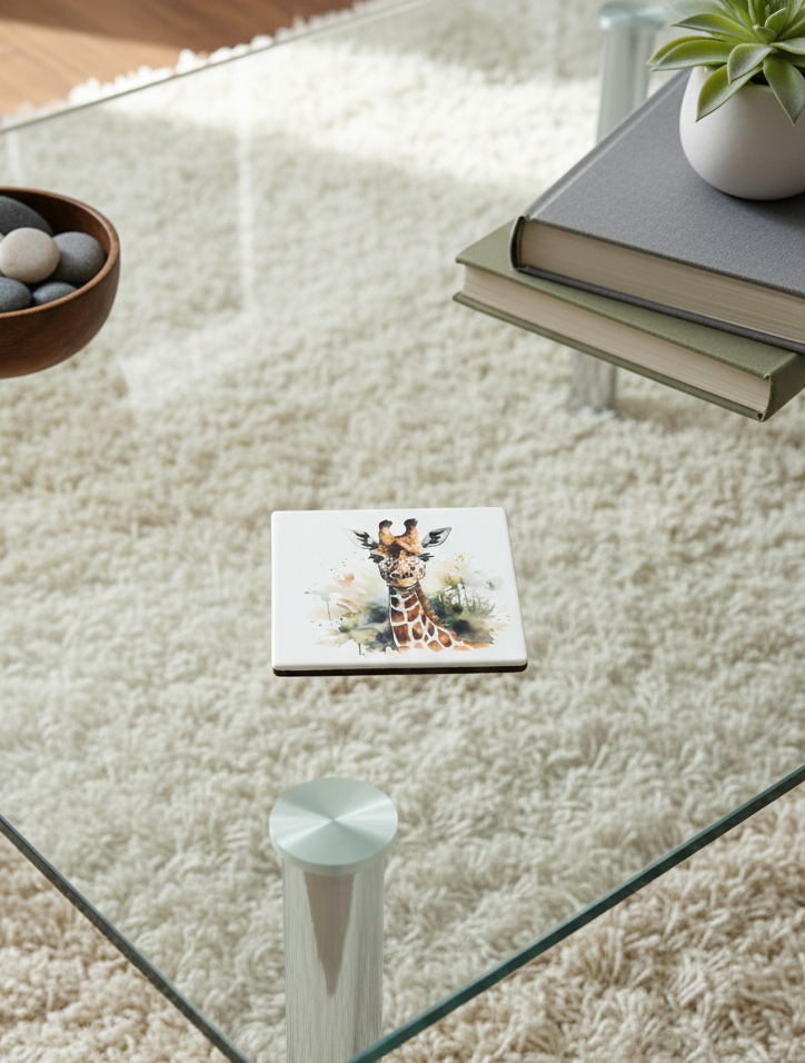 Giraffe illustration on a square coaster on a glass table, near a wooden bowl of stones and a succulent on books.