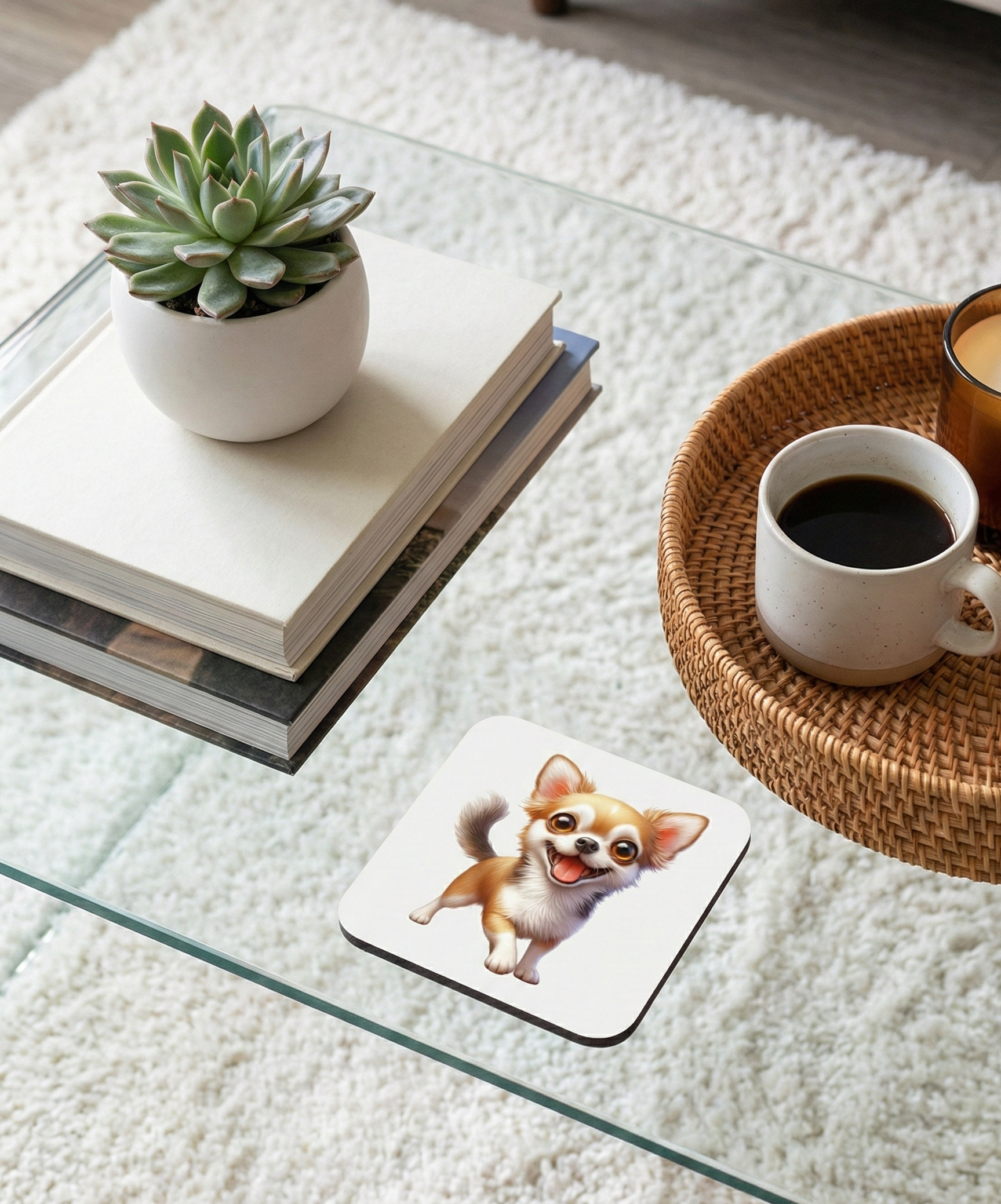 Cheerful Chihuahua dog coaster on a glass coffee table with a succulent pot and coffee in a wicker tray.