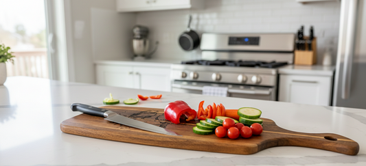 Wooden cutting board with a chef's knife and colourful sliced vegetables (capsicum, cucumber, tomatoes) on a white worktop.