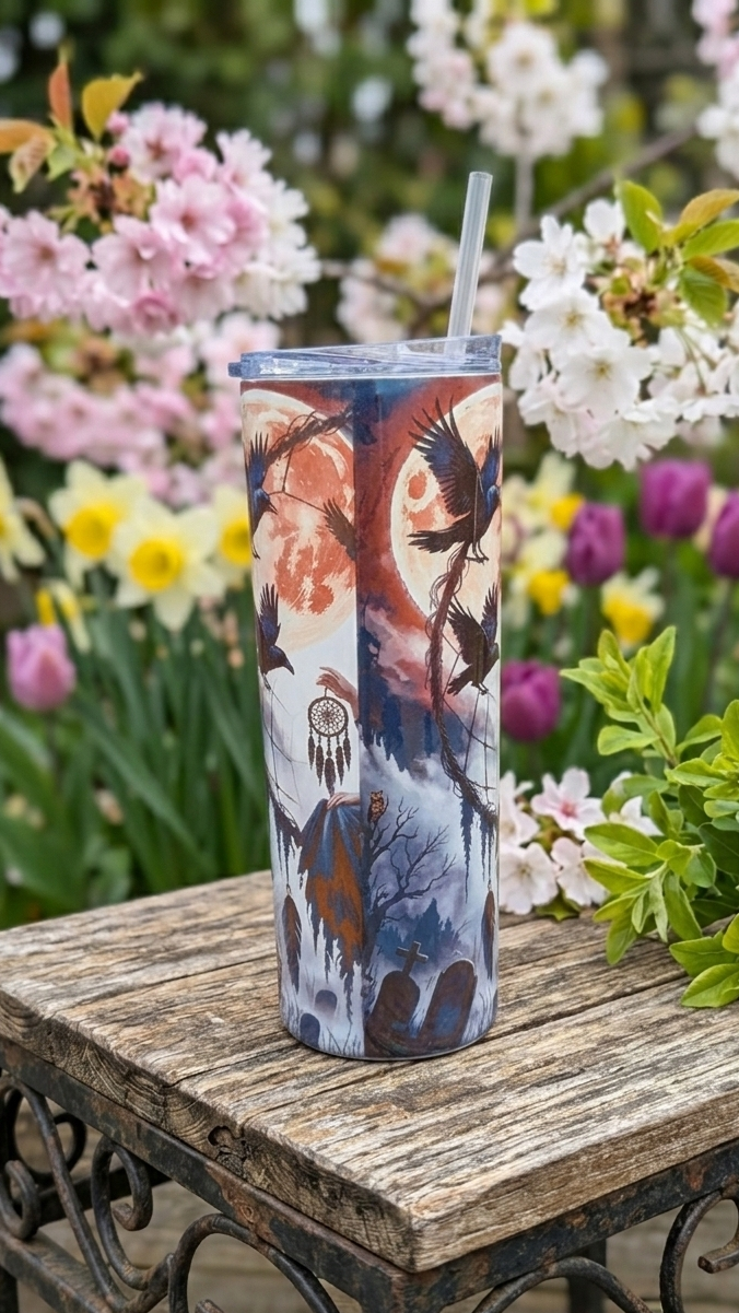 Gothic tumbler showing ravens flying over a graveyard under an orange moon, with a backdrop of bright spring flowers.