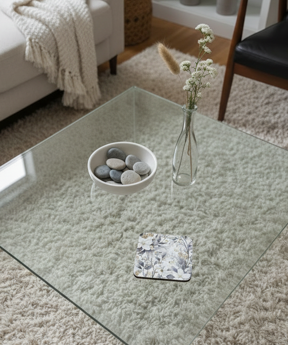 A square coaster with a grey botanical design on a glass table, beside a bowl of grey stones and a floral vase.