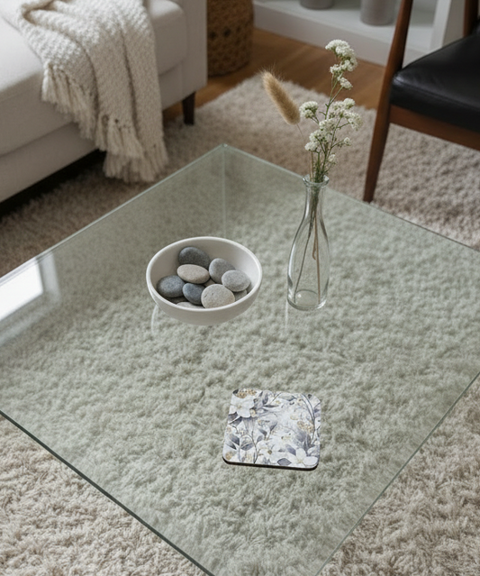 A square coaster with a grey botanical design on a glass table, beside a bowl of grey stones and a floral vase.