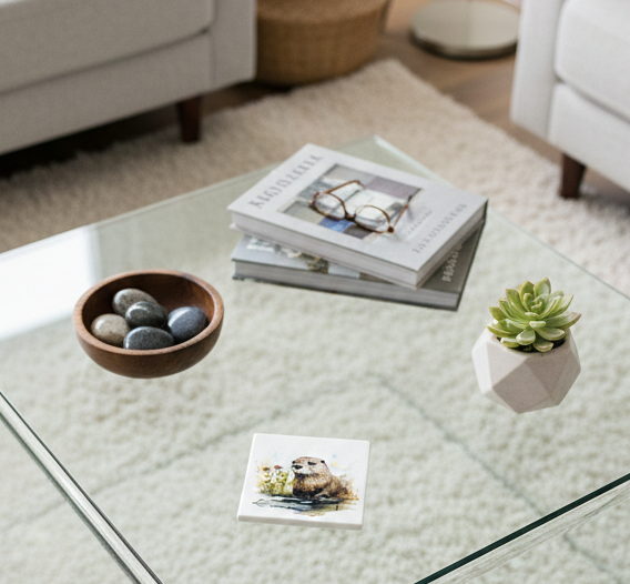 An otter watercolour coaster on a glass table with a wooden bowl of grey stones and a white geometric pot.