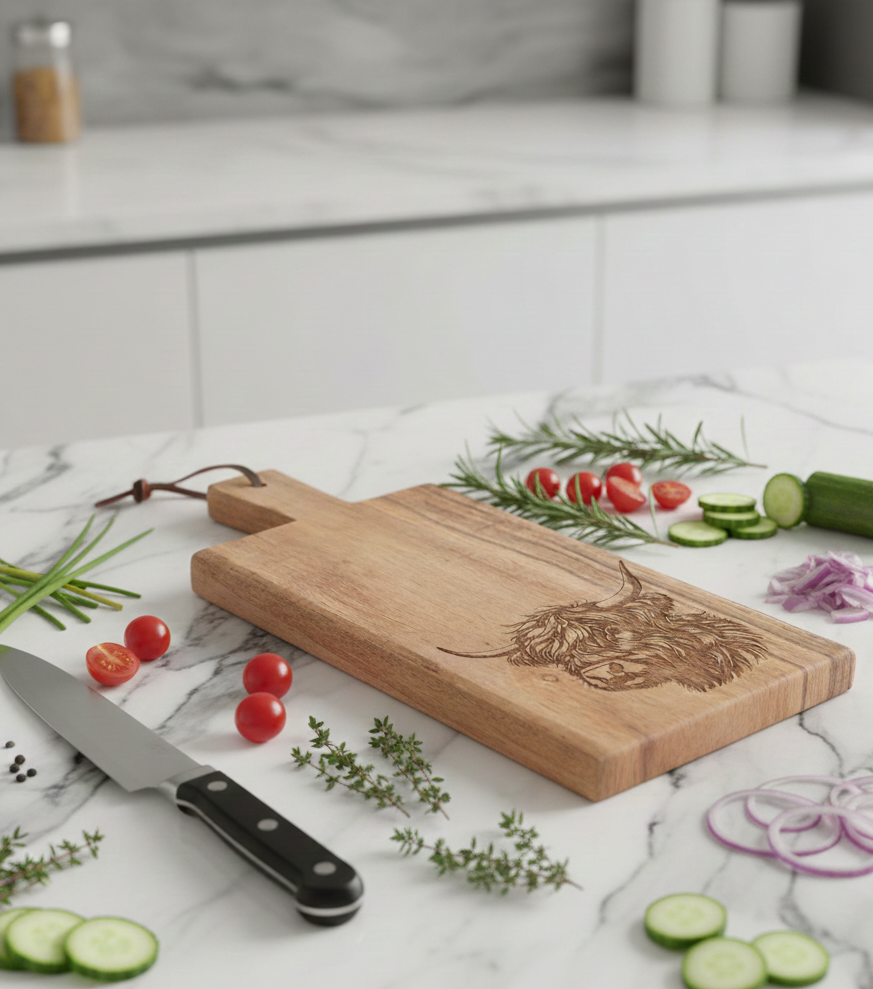 Light brown wooden chopping board with a Highland cow engraving. Surrounded by colourful herbs and vegetables on a marble counter.