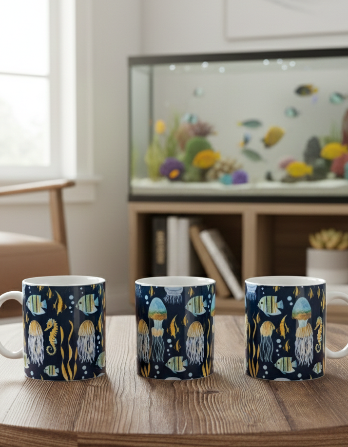 Three ceramic mugs displaying a dark blue ocean pattern with jellyfish, yellow fish, and gold seahorses.