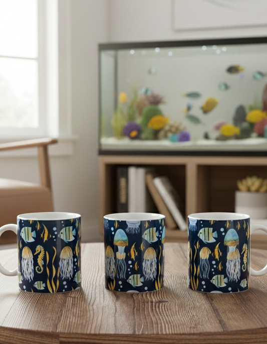 Three ceramic mugs displaying a dark blue ocean pattern with jellyfish, yellow fish, and gold seahorses.