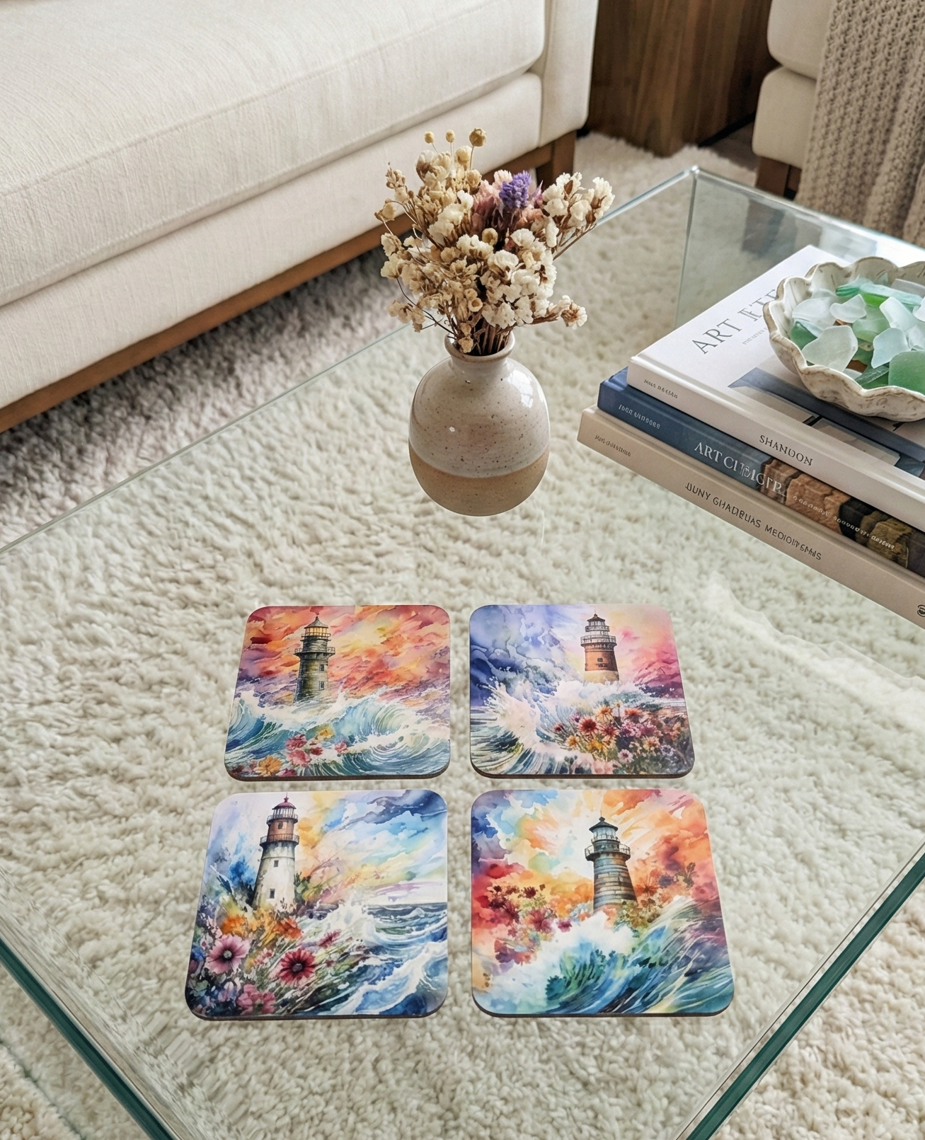Four square coasters with colourful lighthouse watercolour designs sit on a glass coffee table with dried flowers.